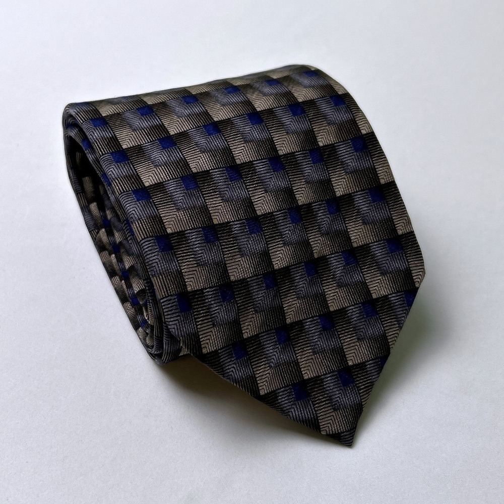 Double Black Mens VTG Geometric Grid Silk Handmade Necktie OS Gray Blue Formal